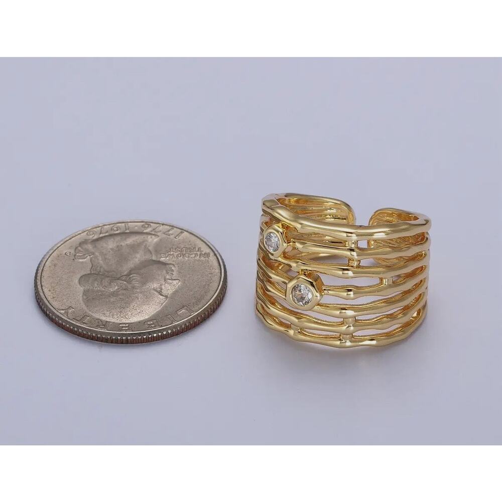14K Gold Plated Wide Multiple Bamboo Geometric CZ Band Statement RingAdjustable - Picture 5 of 5